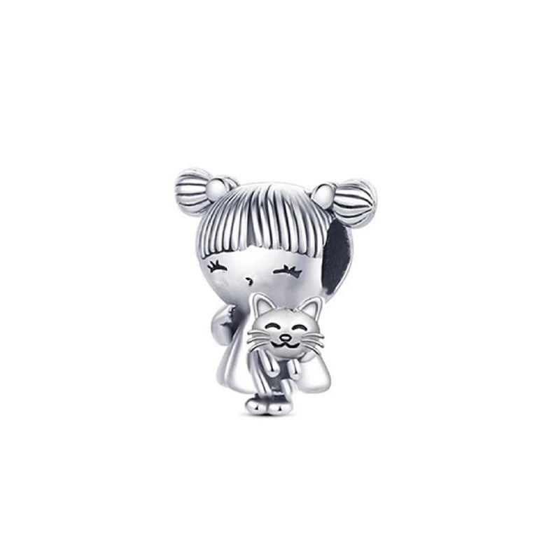 SILVER HEART - Charm Niña Pequeña y Gatito en Plata Fina 925 SILVER HEART