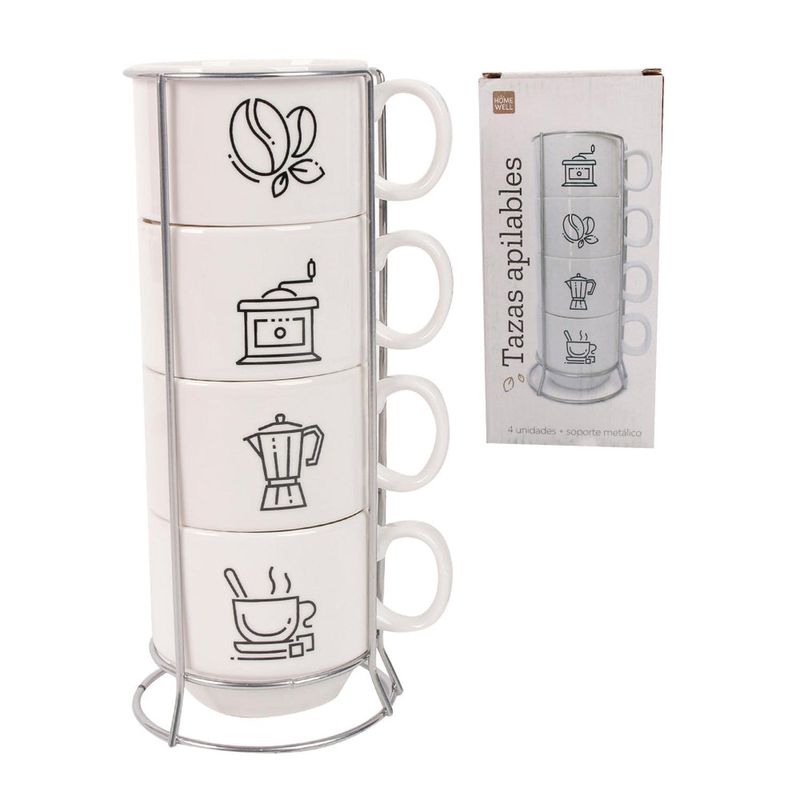 HOMEWELL - Set de 4 Tazas Apilables Loza Diseño Cocina 7x6cm