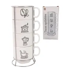HOMEWELL - Set de 4 Tazas Apilables Loza Diseño Cocina 7x6cm