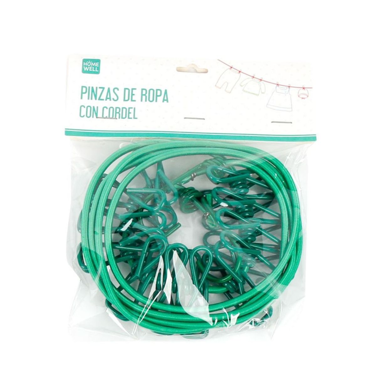 HOMEWELL - Pinza ropa metal con cordel verde (12u)