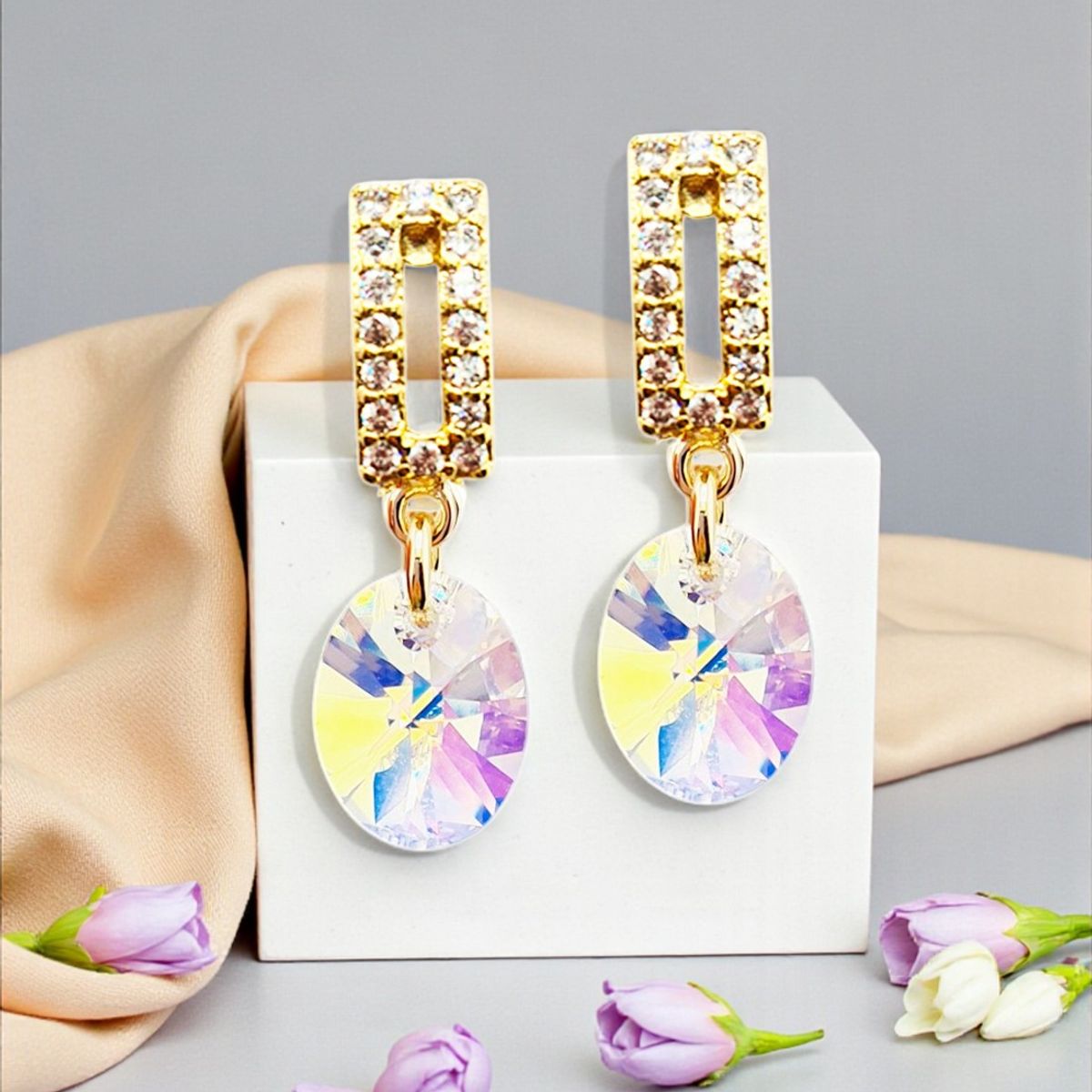 JOYAS MONTERO - Aros Praga Gold Baño Oro 24k creado cristales de Swarovski® Aurora Boreal