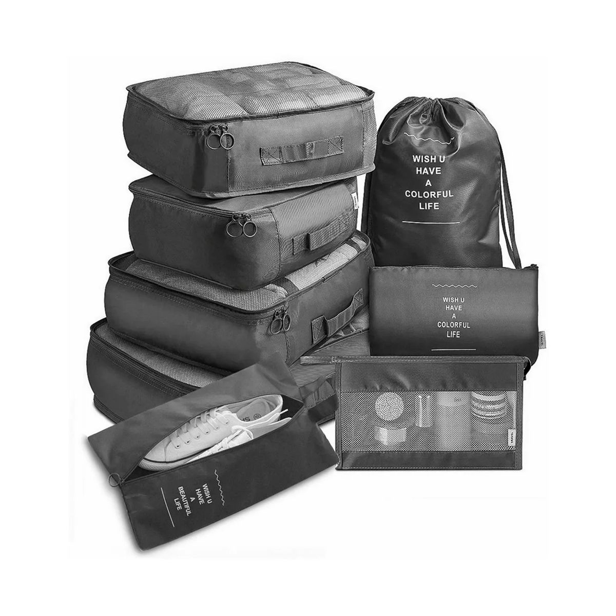 GENERICO - Set 8 Bolsas Organizadoras De Maletas Impermeable Negro