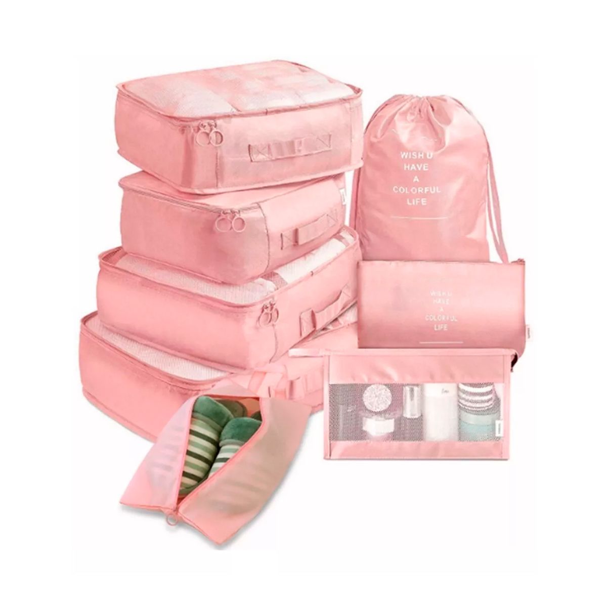 GENERICO - Set 8 Bolsas Organizadoras De Maletas Impermeable Rosa