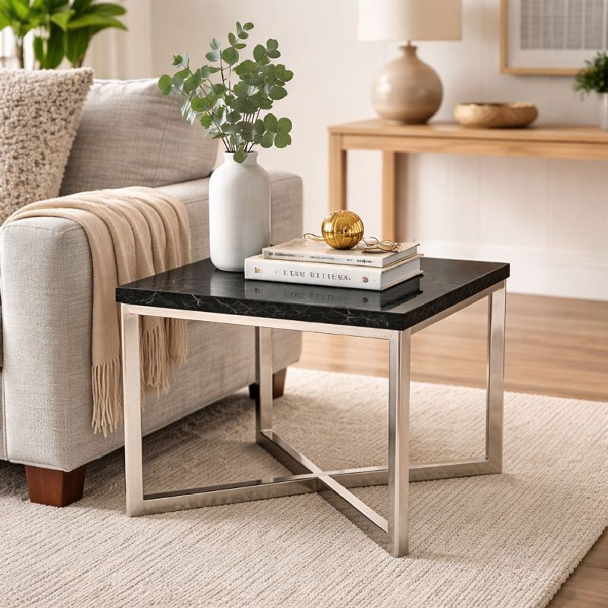 MEYA MUEBLES - Mesa Lateral Yantai de acero y marmol 17x50x50