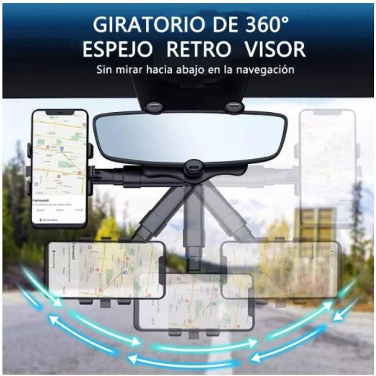 KUANGYE - Soporte Celular Auto Porta Espejo Retrovisor Girar 360 Grado