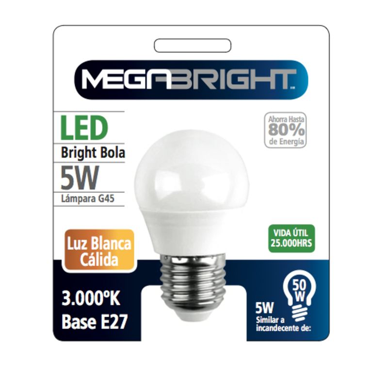 MEGABRIGHT - Ampolleta LED G45 BOLA 5W3000K E-27