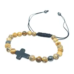 GENERICO - Pulsera Piedra Jaspe Paisina con Dije de Cruz