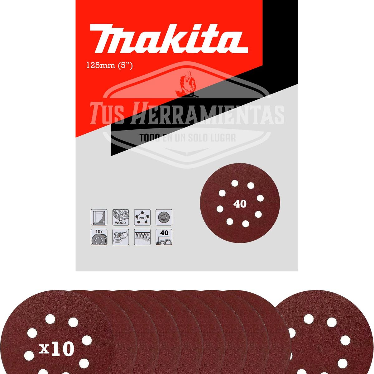 MAKITA - 10 Discos Lija Con Velcro 125mm (5) Grano 40 Makita D-54499