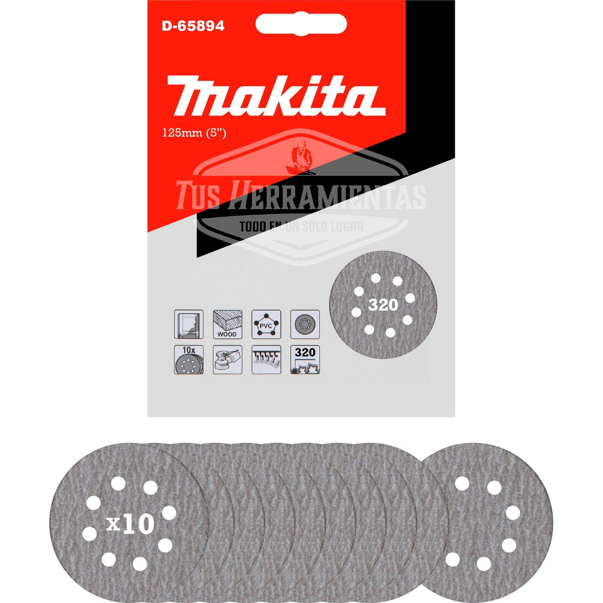MAKITA - 10 Discos Lija Velcro 125mm (5'') Grano 320 Makita D-65894