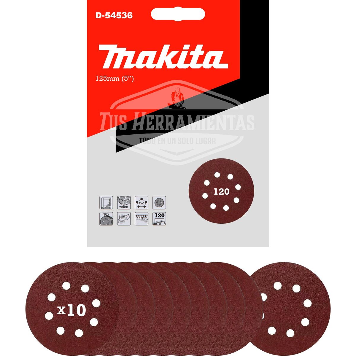 MAKITA - 10 Discos Lija Con Velcro 125mm (5) Grano 120 Makita D-54536