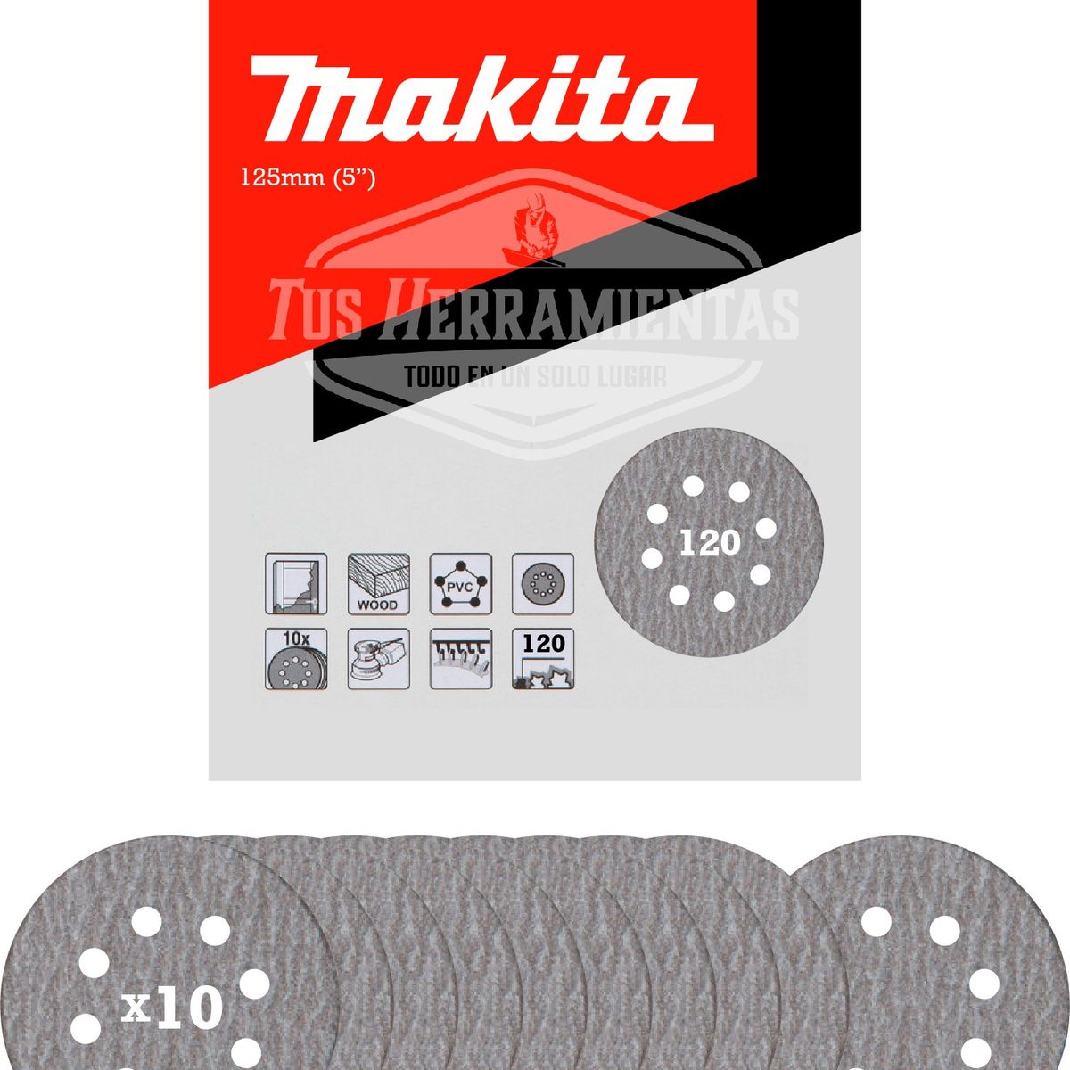 MAKITA - 10 Discos Lija Velcro 125mm (5'') Grano 120 Makita D-65850