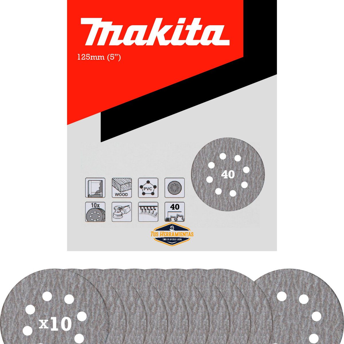 MAKITA - 10 Discos Lija Velcro 125mm (5'') Grano 40 Makita D-65816