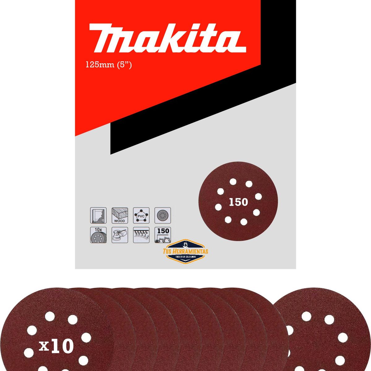 MAKITA - 10 Discos Lija Con Velcro 125mm (5) Grano 150 Makita D-54542