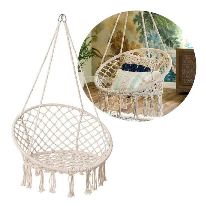 GENERICO - Silla Colgante Tipo Columpio Tejido Macrame Redondo color Beige.
