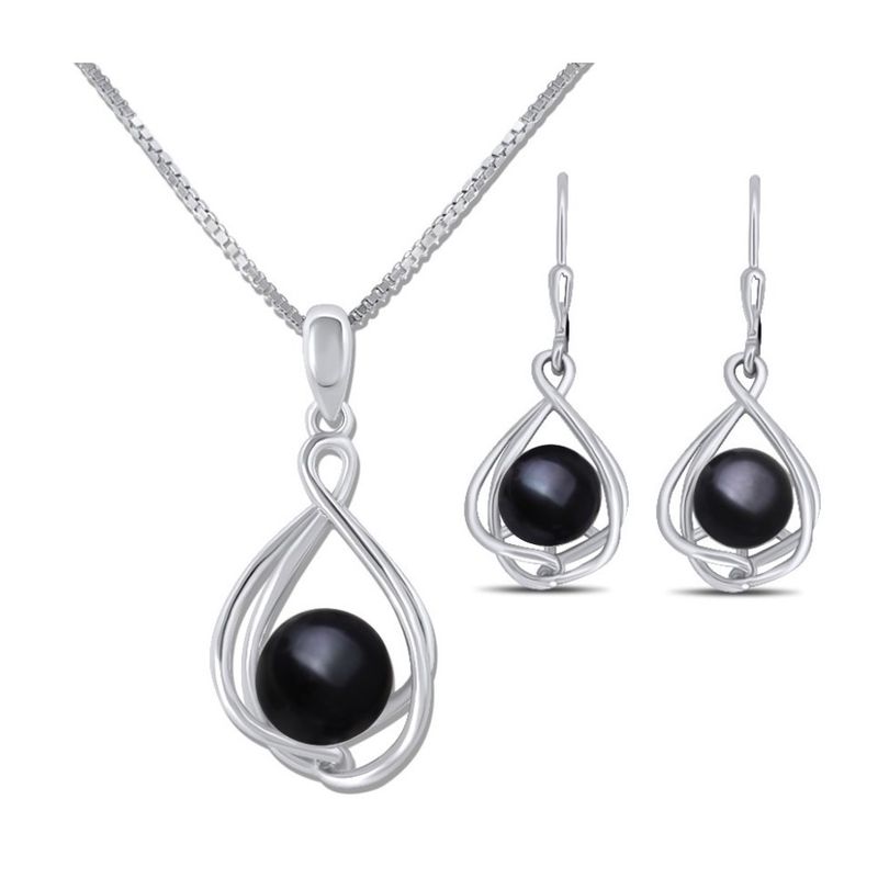 ARANY JOYAS - Collar y Aros Plata Con Perla Natural Negra Conjunto