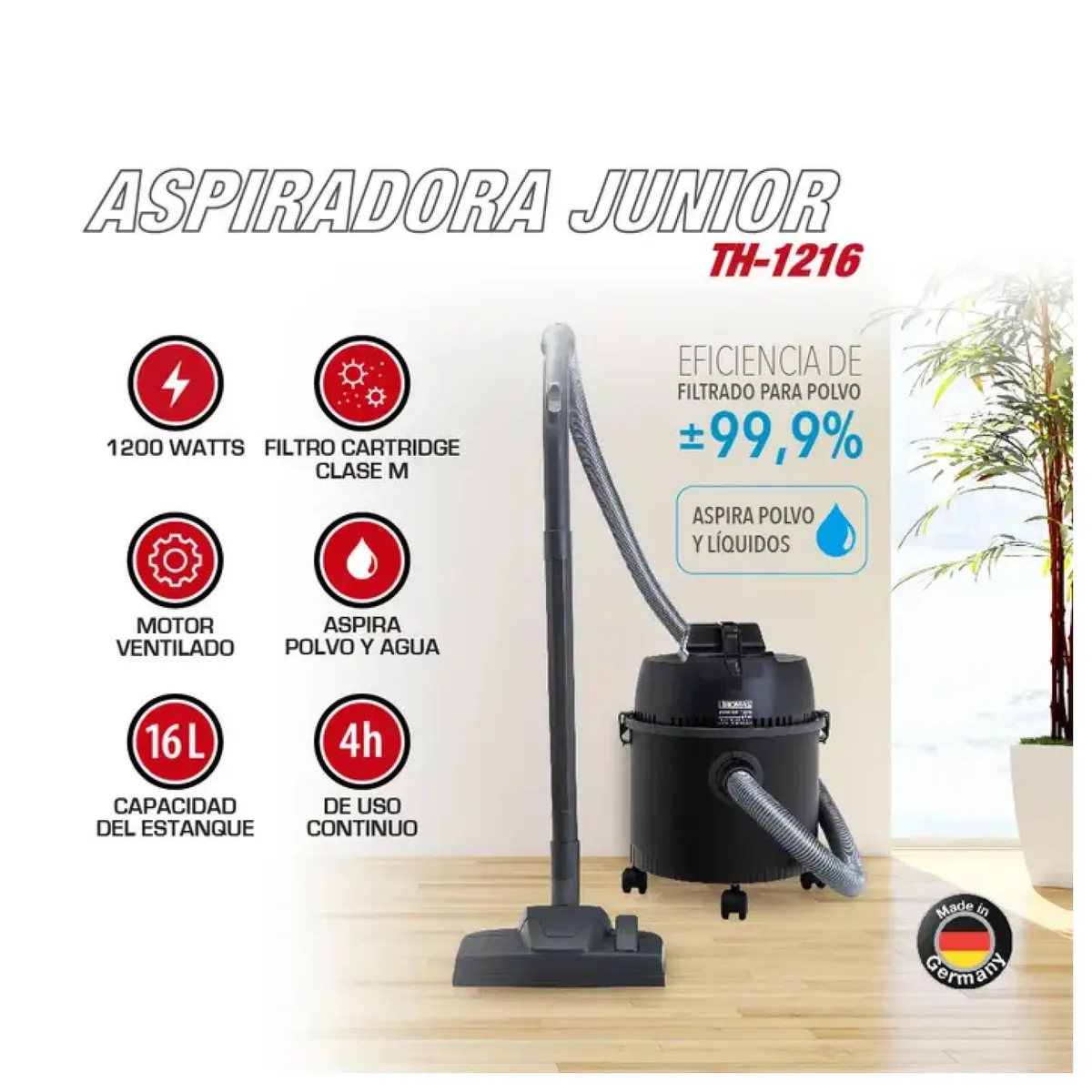 THOMAS - Aspiradora Tambor 16L 1500W Polvo Agua Negro TH-1516 Junior Thomas