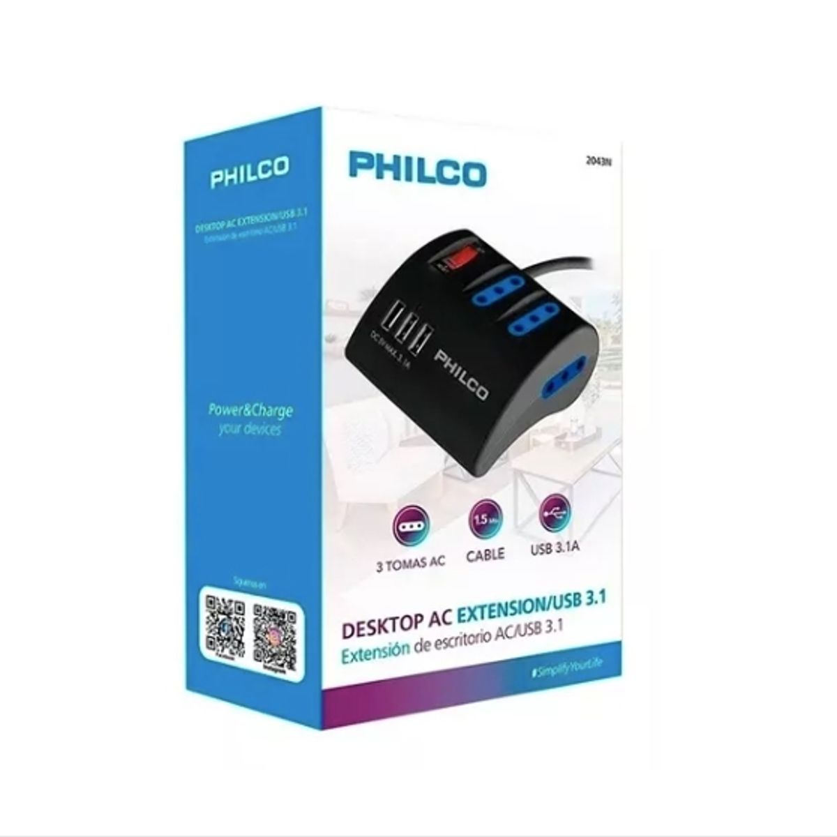 PHILCO - Alargador Extension Philco 3 Posiciones Y 3 Usb 2043n
