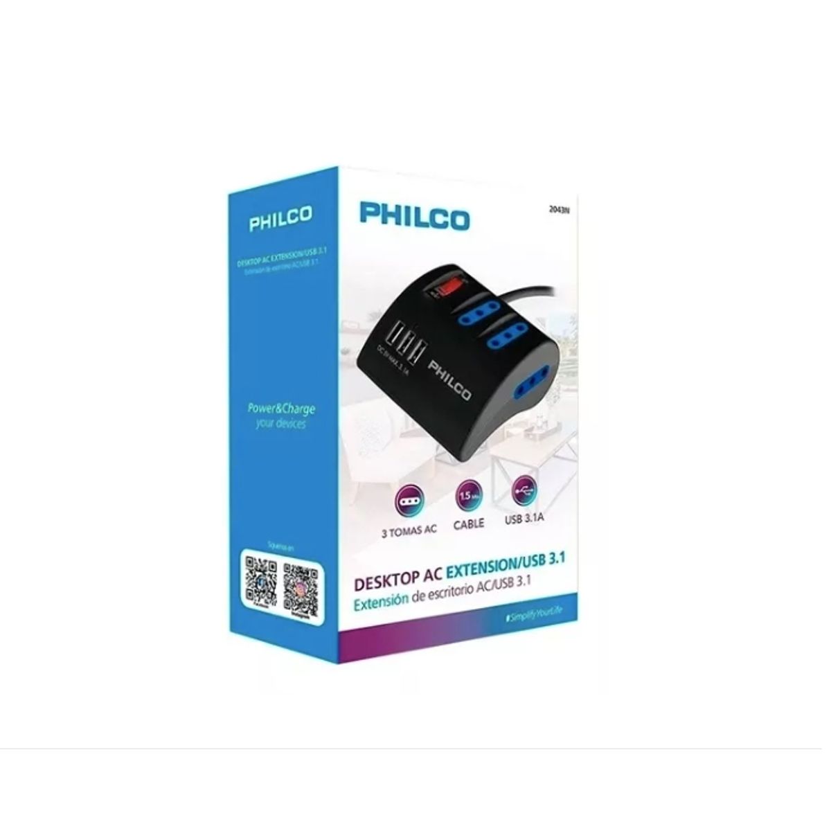 PHILCO - Alargador Extension Philco 3 Posiciones Y 3 Usb 2043n