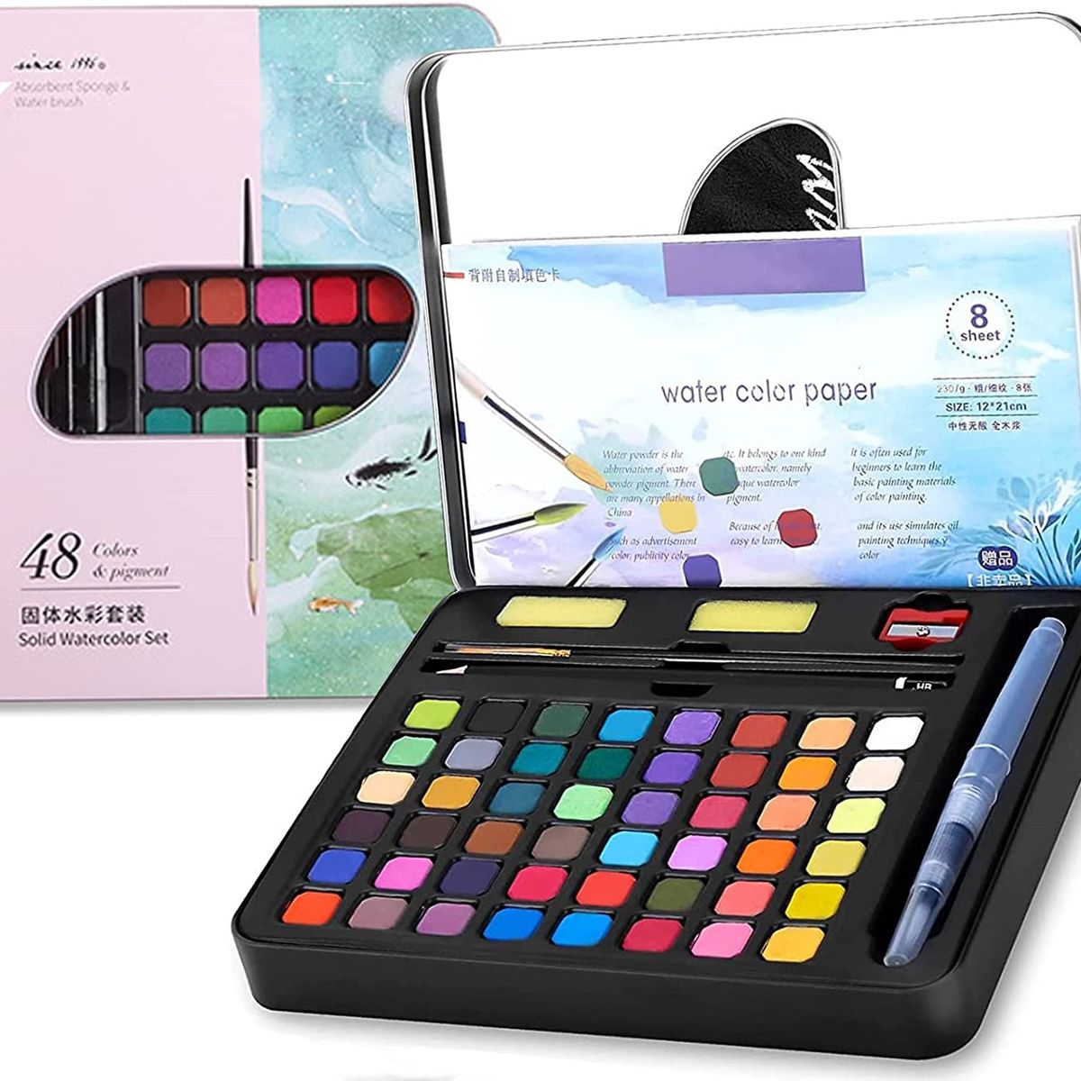 KUANGYE - Set Acuarela Pastilla 48 Colores Metalico Glitter