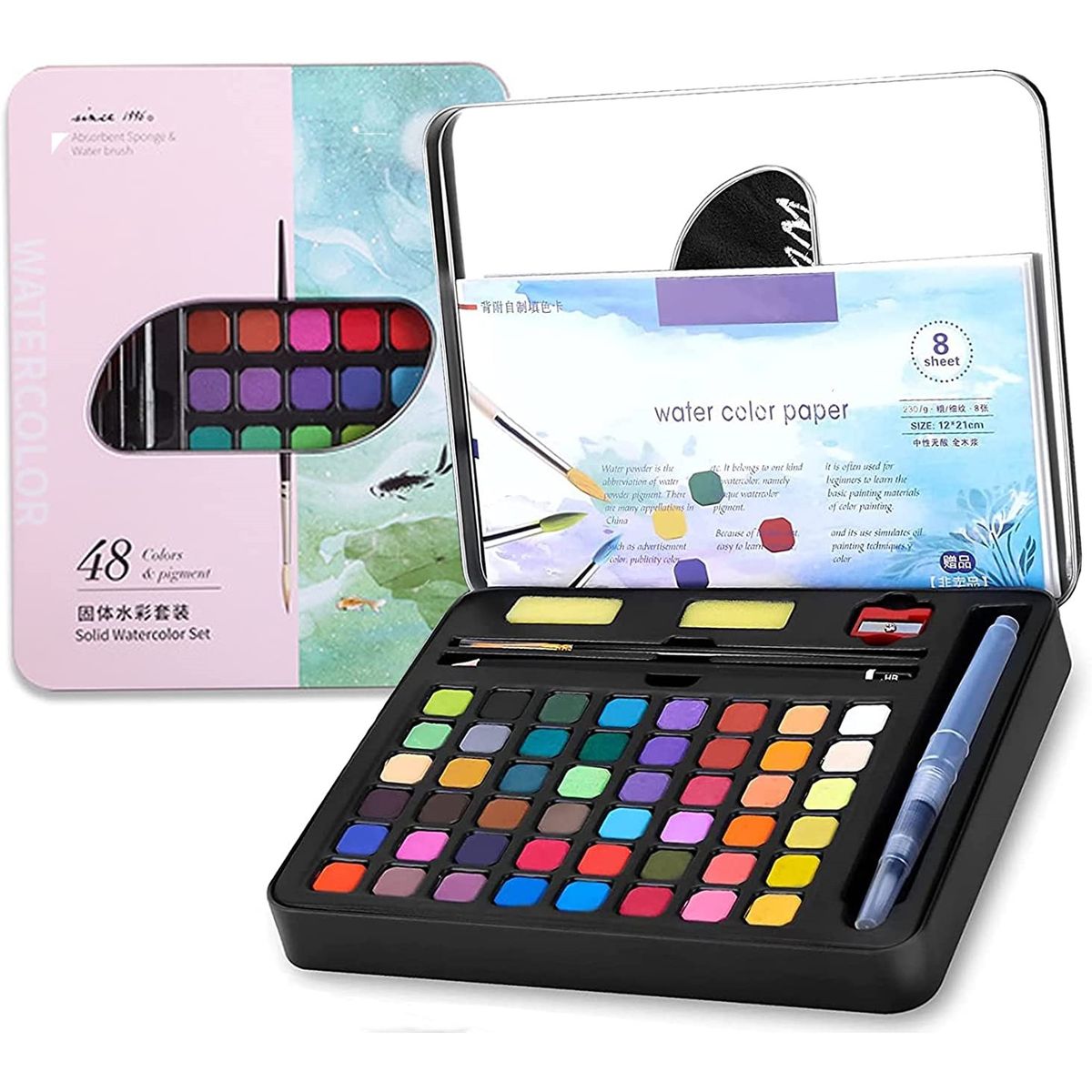 KUANGYE - Set Acuarela Pastilla 48 Colores Metalico Glitter