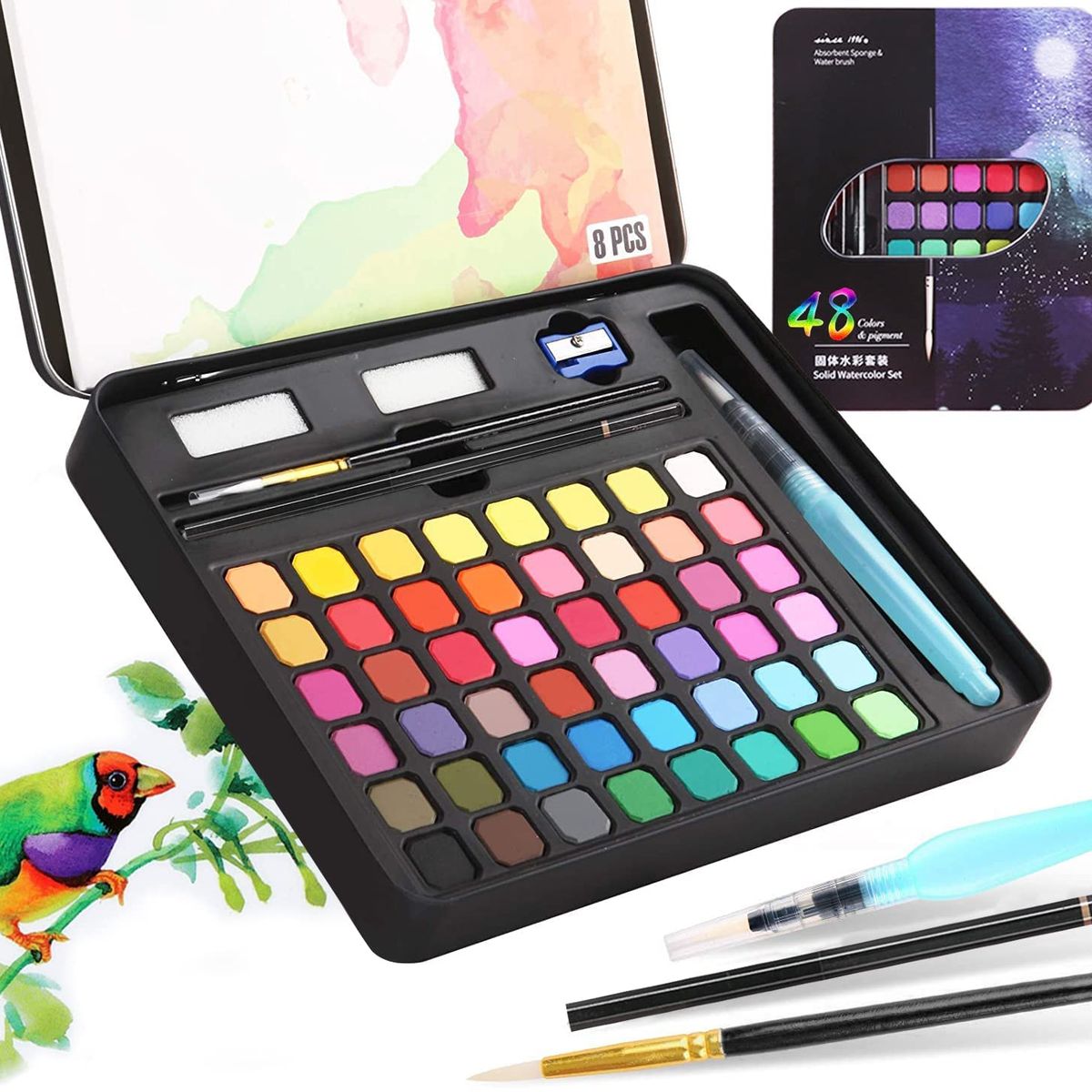 KUANGYE - Kit De Acuarela En Pastilla Profesional 48 Colores