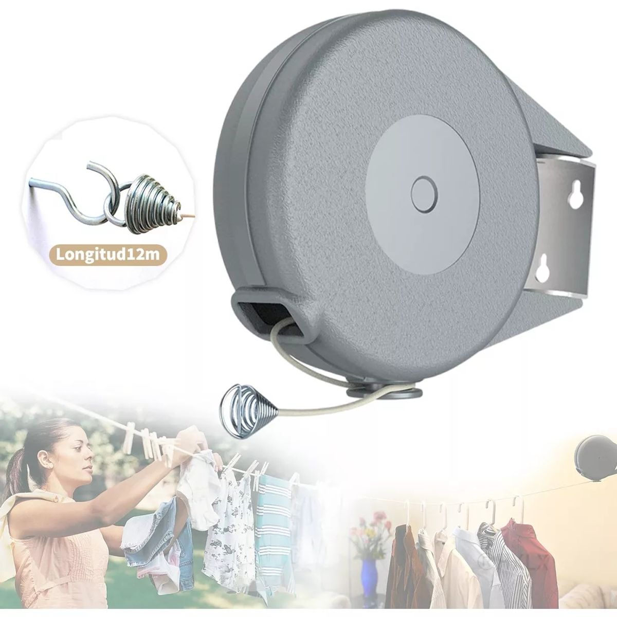 KUANGYE - Tendedero Retractil Ropa Colgador Logia Acero Inoxidable 12m