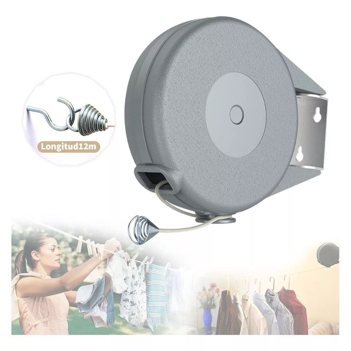 KUANGYE - Tendedero Retractil Ropa Colgador Logia Acero Inoxidable 12m