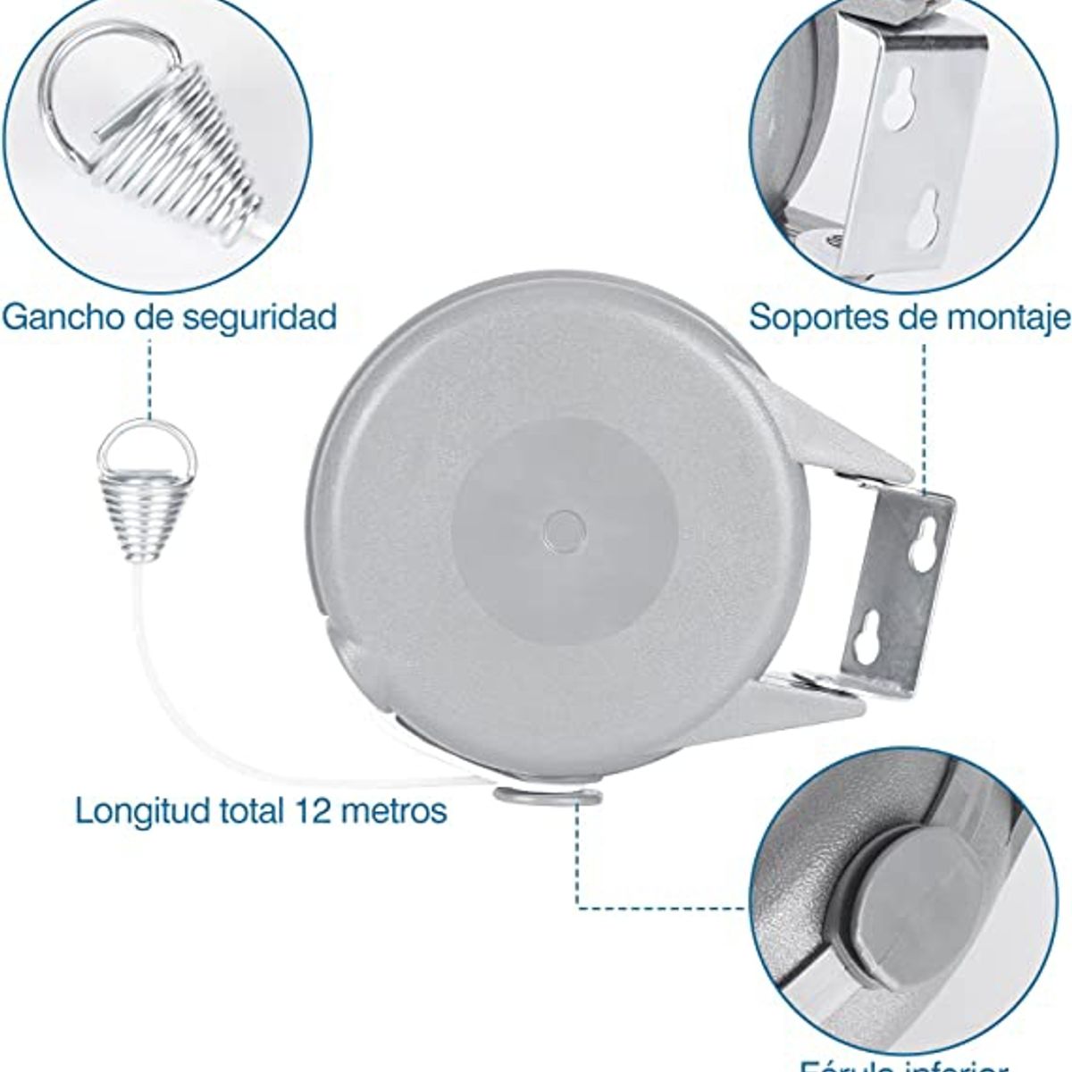 KUANGYE - Tendedero Retractil Ropa Colgador Logia Acero Inoxidable 12m