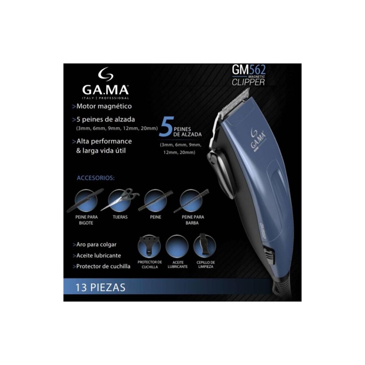 GAMA - Maquina Corta Pelo Barba 13 Accesorios Azul GM562 Gama