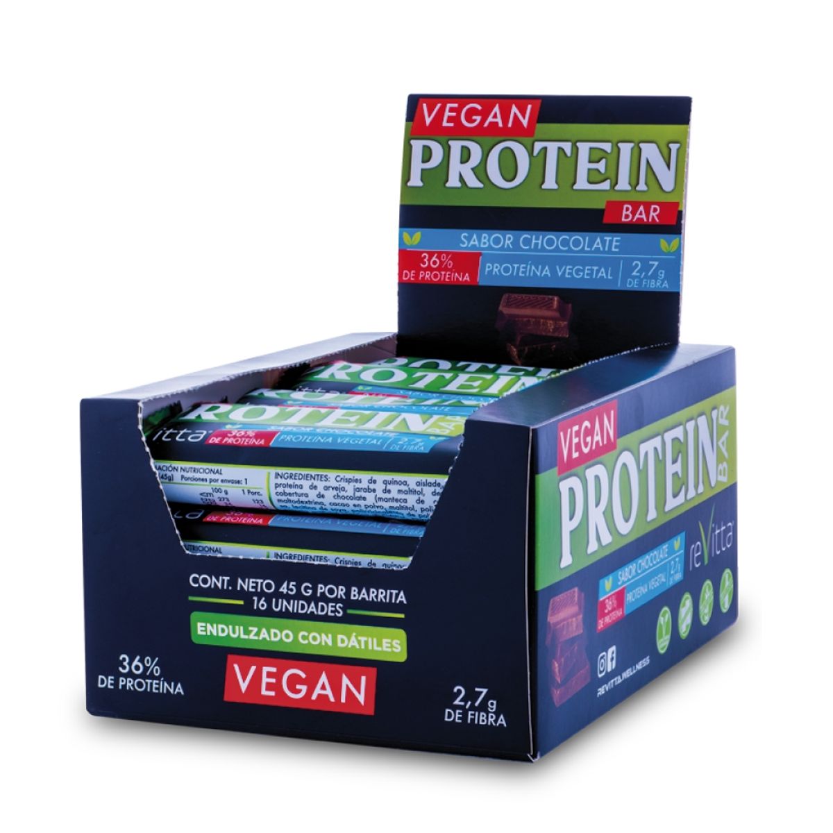 REVITTA WELLNESS - Caja 16 barritas veganas proteína vegetal chocolate 45 grs.