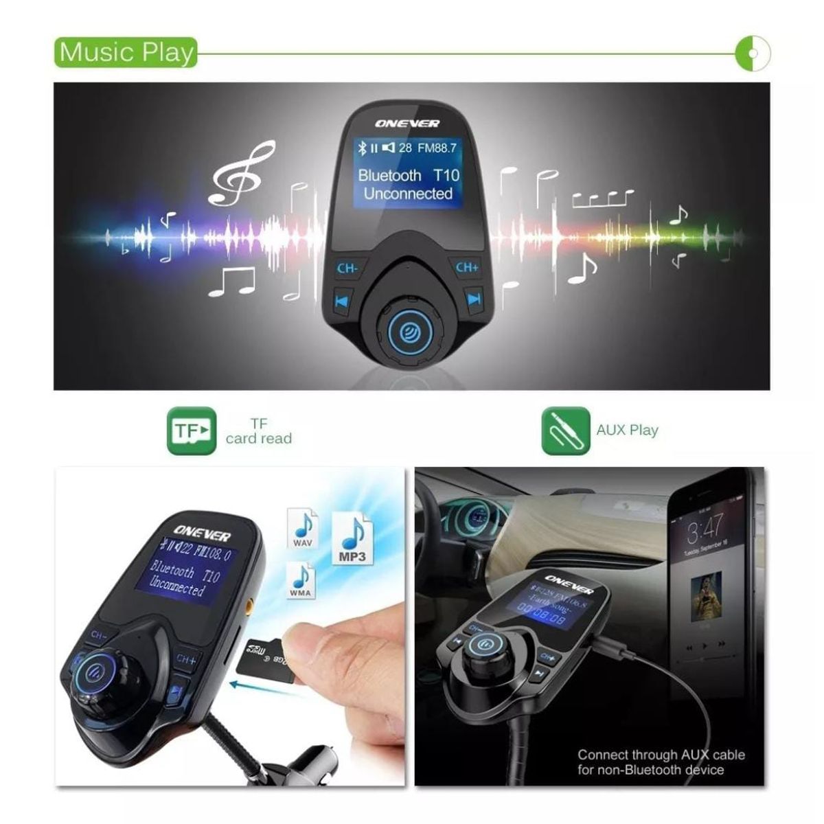 GENERICO - Transmisor Radio Fm Bluetooth Usb Tf Mp3 Wam Auto