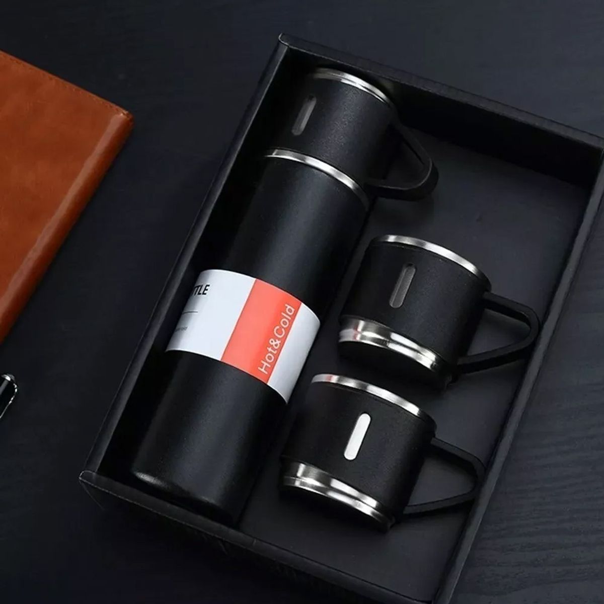 GENERICO - Set Termos Para Agua Caliente Termo Cafe + 2 Tazas 500 Ml Negro