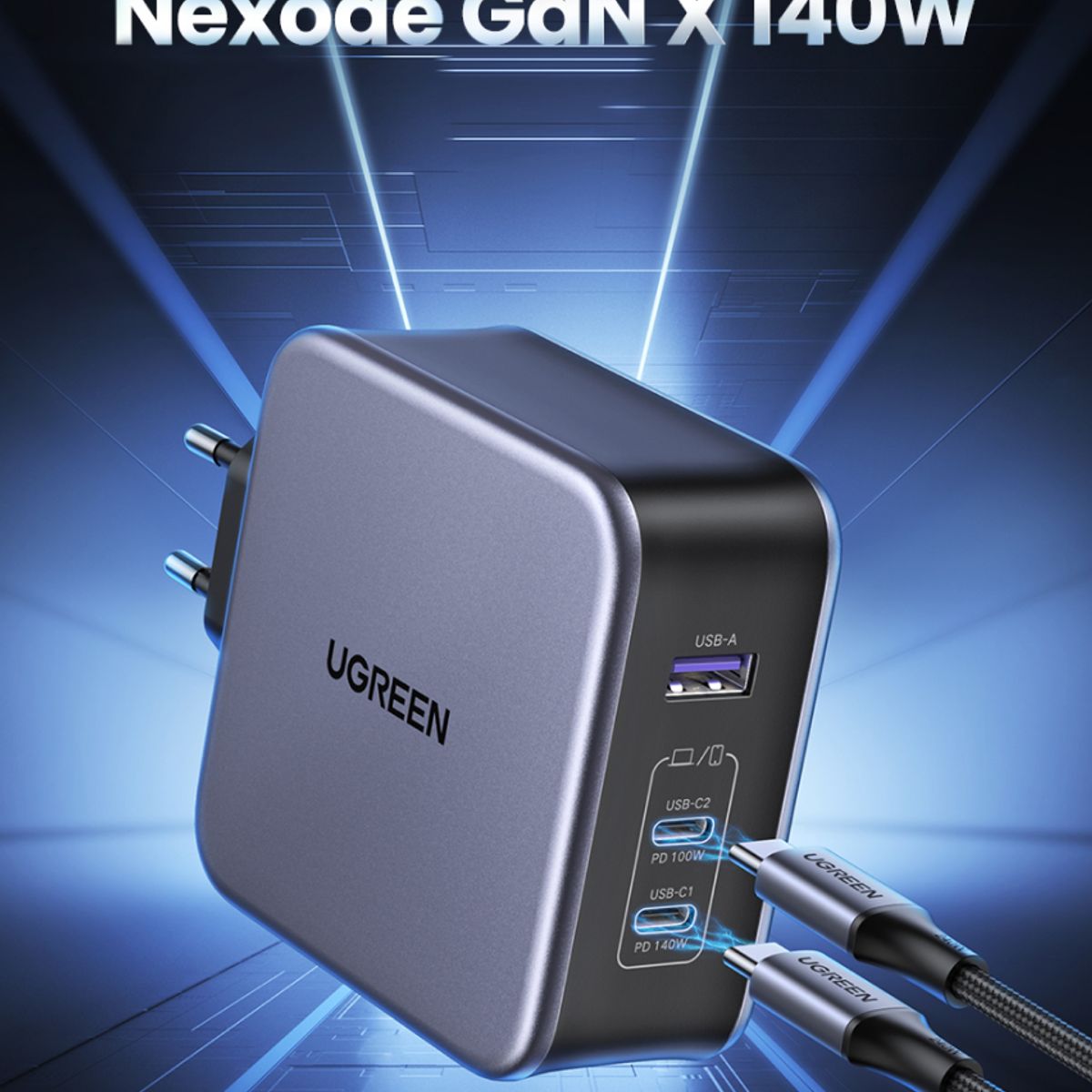 UGREEN - UGREEN USB-A+2*USB-C Cargador rápido 140W con USB-C 2M Negro