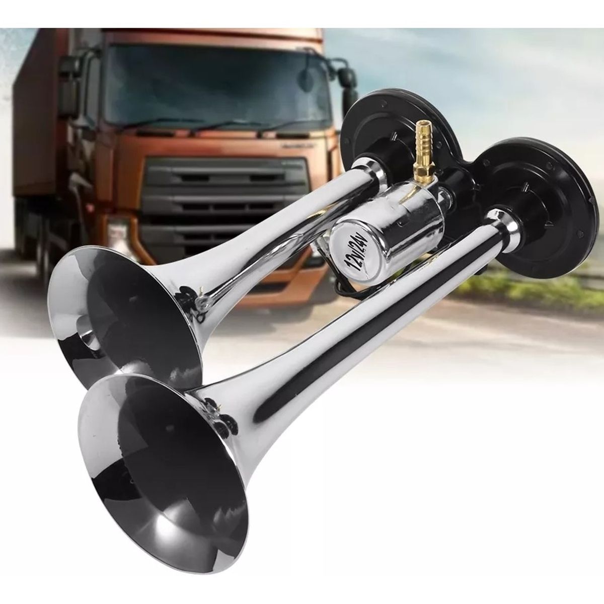 GENERICO - Bocina De Aire Doble Trompeta Cromado 12-24v Auto Camión