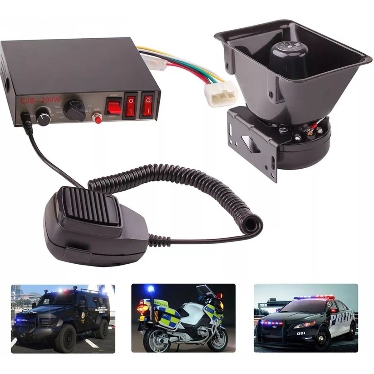 GENERICO - Bocina Policial 200wt Sirena Carabinero 9 Tonos Megáfono