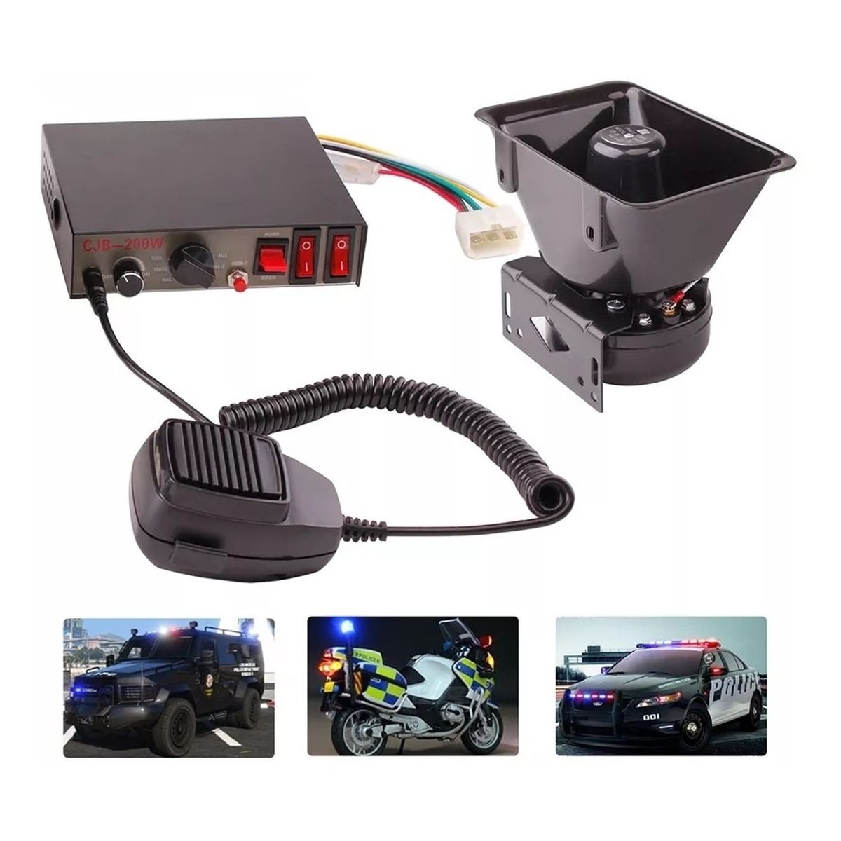 GENERICO - Bocina Policial 200wt Sirena Carabinero 9 Tonos Megáfono