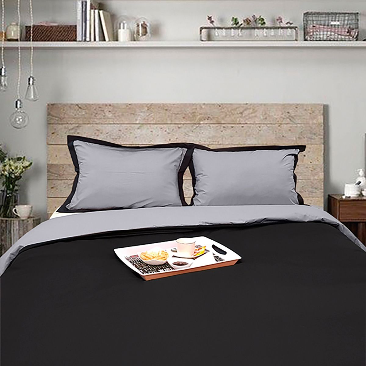 VICTORIANAS - Funda De Plumón 2 Plaza Bicolor Negro Gris  200 Hilos