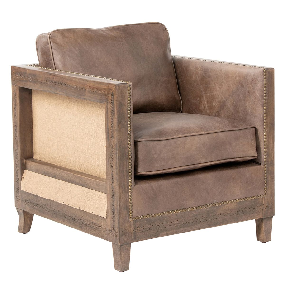 MEYA MUEBLES - Sitial Taroko de cuero y madera de roble café 80x72x78