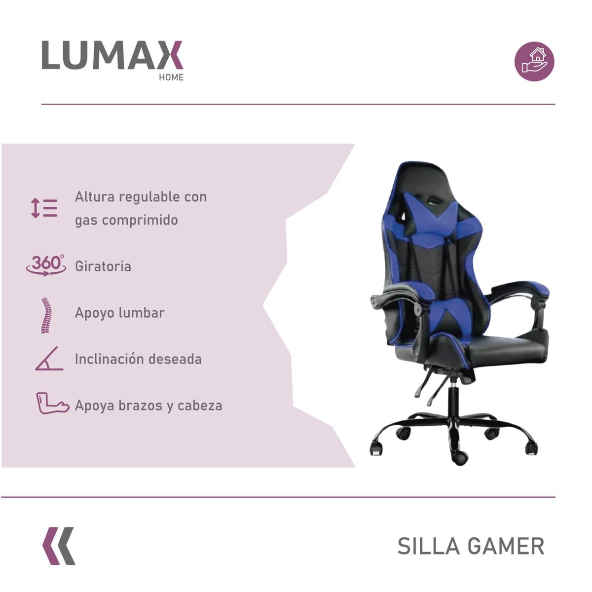 LUMAX - Silla Gamer Lumax Reclinable y Elevable Azul