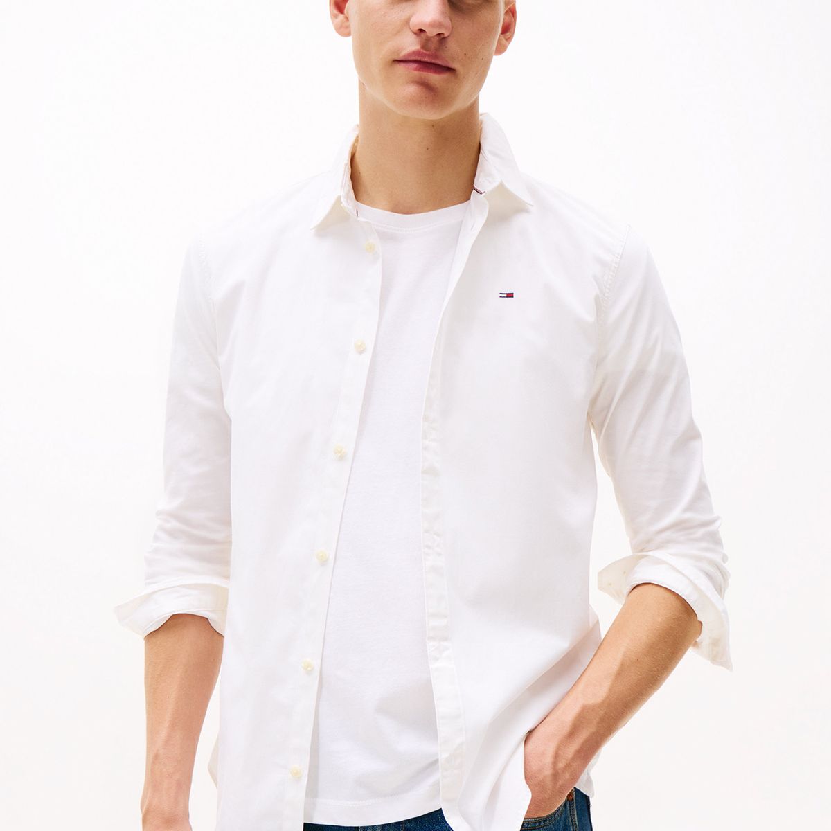 TOMMY HILFIGER - Camisa Solid Elástica Slim Fit Blanco Hombre