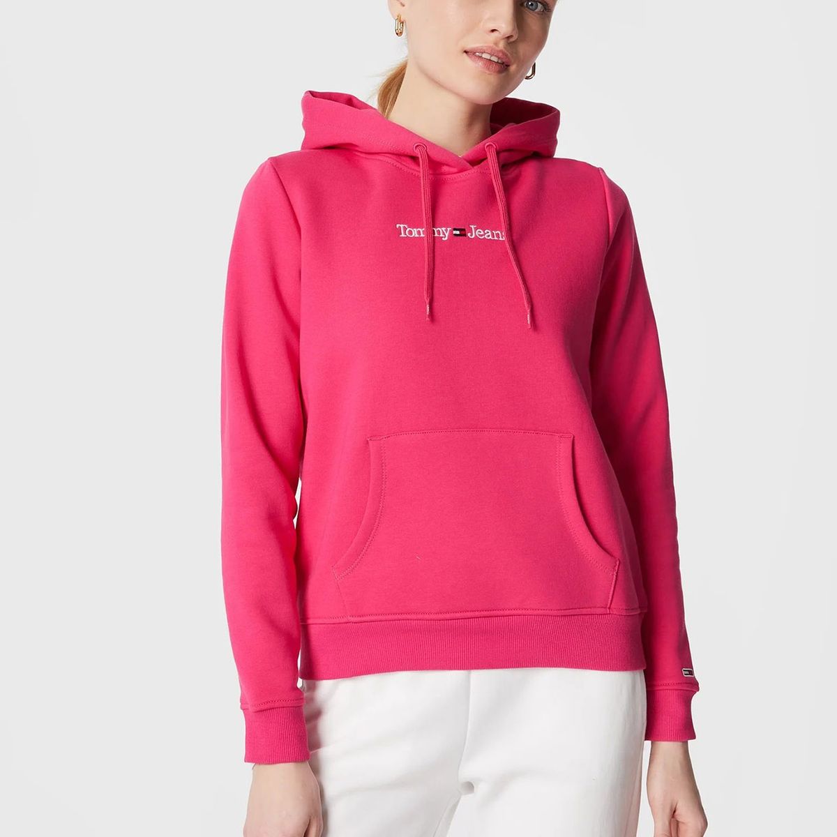 TOMMY HILFIGER - Polerón Hoodie Serif Linear Logo Fucsia Mujer