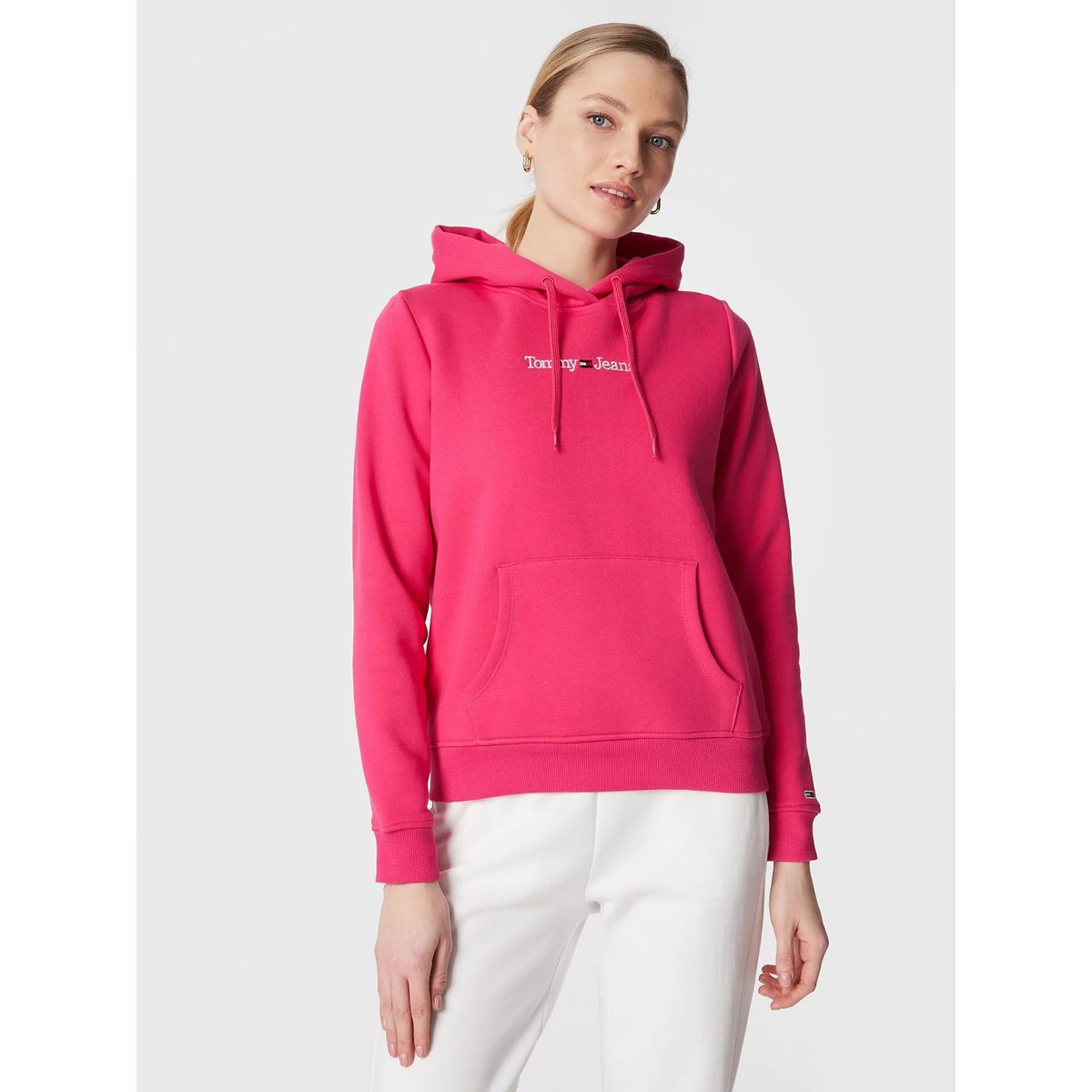 TOMMY HILFIGER - Polerón Hoodie Serif Linear Logo Fucsia Mujer