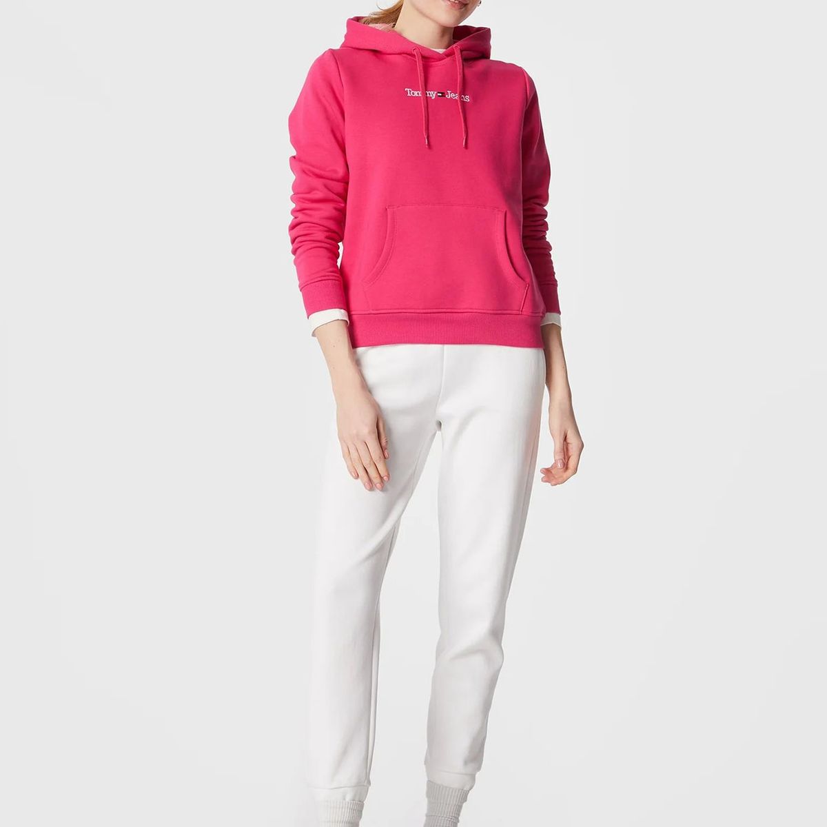 TOMMY HILFIGER - Polerón Hoodie Serif Linear Logo Fucsia Mujer
