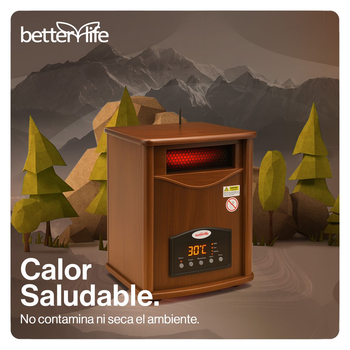 BETTERLIFE - Estufa Eléctrica Infrarroja Madera UV 70 m2 WiFi
