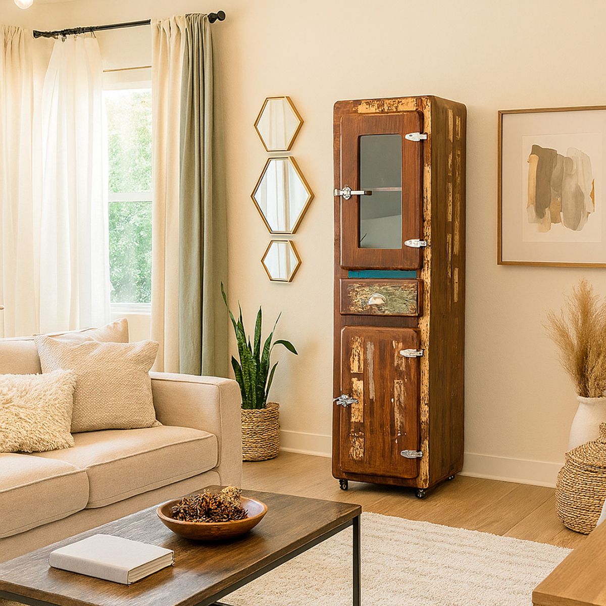 MEYA MUEBLES - Vitrina Mysore madera reciclada estilo refrigerador antiguo 190x55x40