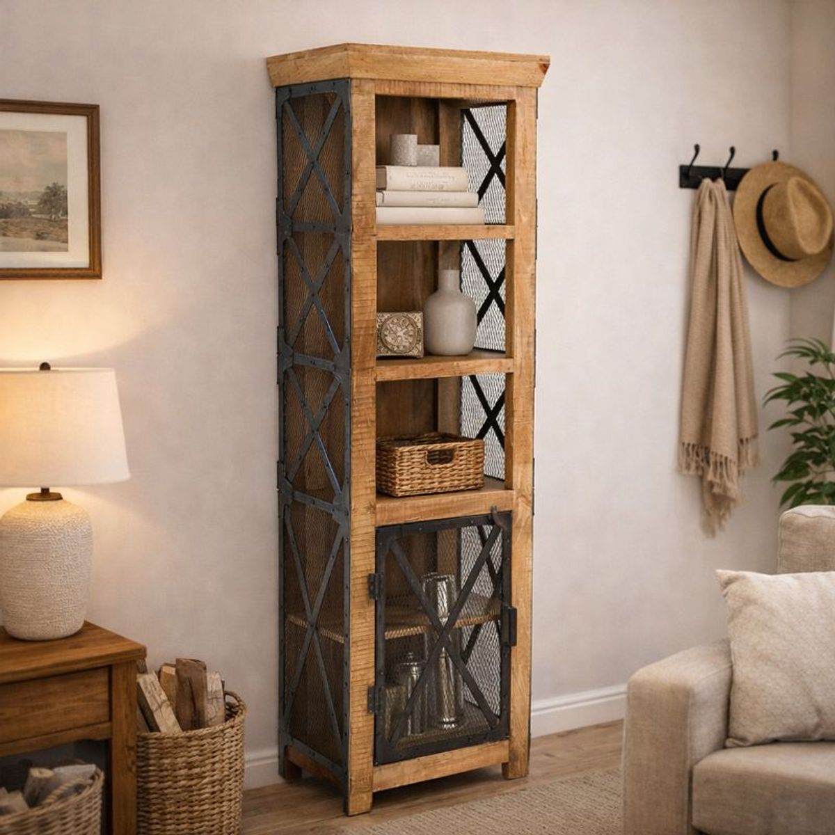 MEYA MUEBLES - Vitrina Munnar de madera de mango y acero estilo industrial 190x60x40