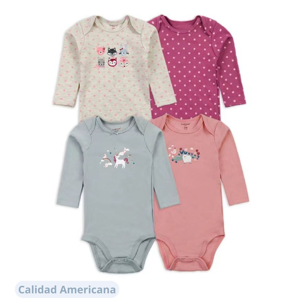 TEDMIMAK - Pack 4 Bodys Bebe Niña Tedmimak Algodón Manga Larga SURTIDO