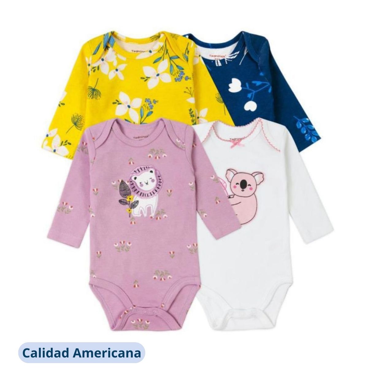 TEDMIMAK - Pack 4 Bodys Bebe Niña Tedmimak Algodón Manga Larga SURTIDO