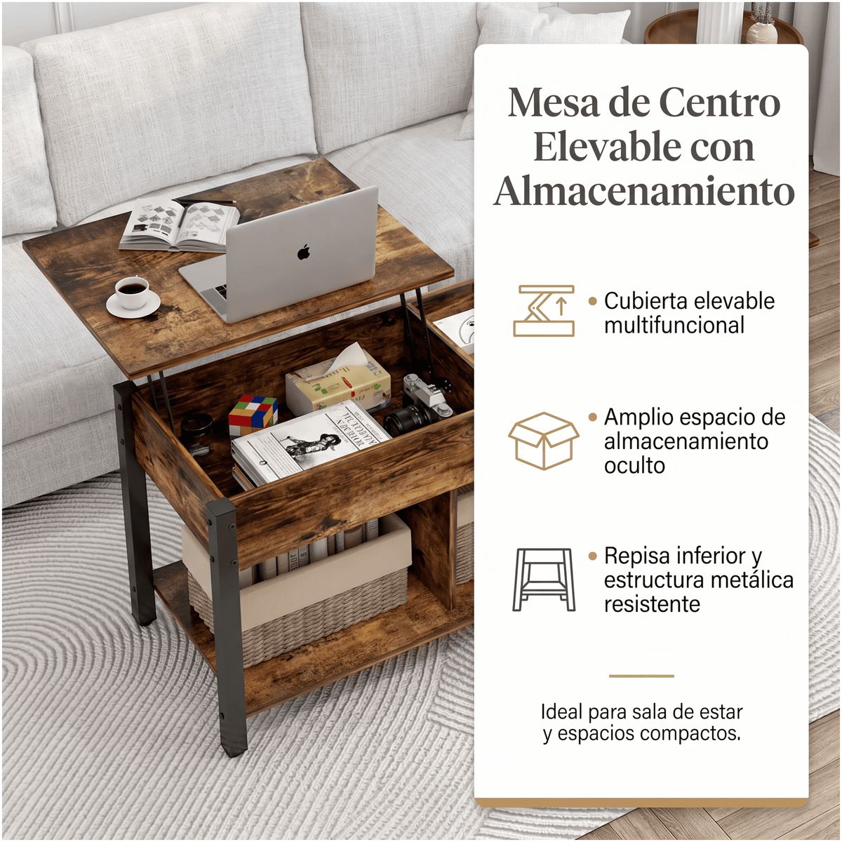 HOMER DESIGN - Mesa De Centro Elevable Para Living 110X49X48cm