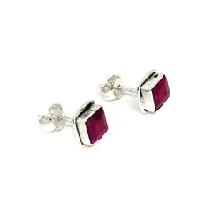 ANDREA COGGIOLA JOYAS - Aros Botón Cuadrado Rubí Plata Fina 925